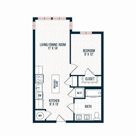 Floor plan for 1 bed, 1 bath, 653 sqft
